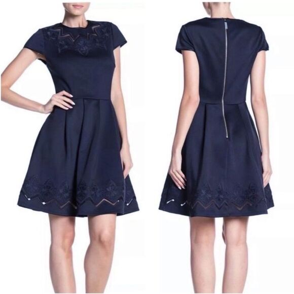 Ted Baker London Cheskka Navy Blue Lace and Mesh Skater Dress Ted Size 4 (US 10) - Picture 13 of 14